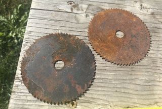 Two Vintage Saw Blades Small Round 3 1/2 Diameter Rustic Steampunk Industr