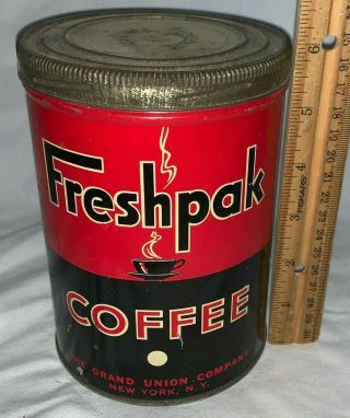 Antique Freshpak Coffee Tin Litho 1 Tall Can Grand Union Co York Ny Grocery