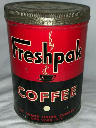 ANTIQUE FRESHPAK COFFEE TIN LITHO 1 TALL CAN GRAND UNION CO YORK NY GROCERY 3