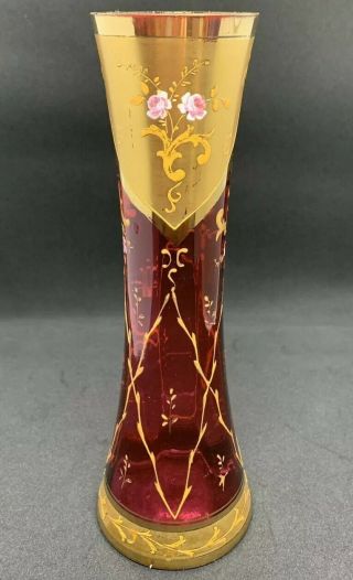 Antique Moser Cranberry Glass Gold Overlay Vase 8 1/2” Mini Roses