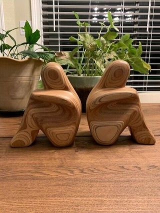Vintage R.  Hargrave Mid Century Hand Carved Wood Abstract Sculpture Bookends