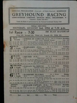 Vintage Greyhound Racecard Bradford Northern / Greenfield Stadium 1954