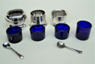 3 X Vintage Silver Plated Salts C/w Blue Glass Inserts,  Extra Insert.  Elkington