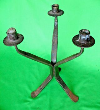 Old Antique Vintage Hand Forged Iron Gothic 3 Arm 3 Leg Centrepiece Candlestick