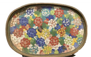 Antique Chinese Cloisonné Enamel Floral Oval Shape Footed Tray