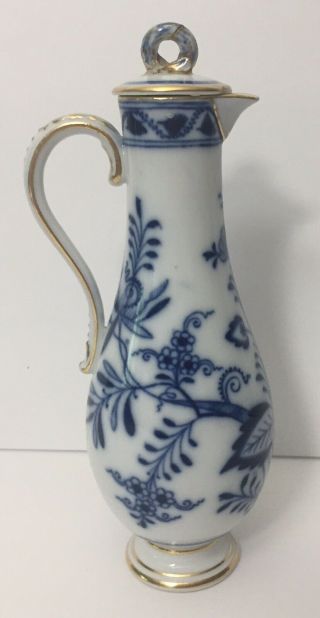 Antique Meissen Porcelain Blue Onion Pattern Bottle With Lid 7” Gold Trim