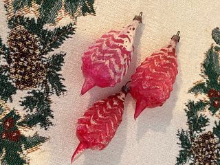 3 Rare Antique Frosted Hand Blown Glass Pinecone Christmas Tree Ornament Trio