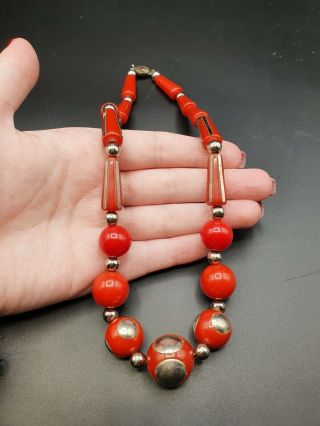 Vintage 1930s Art Deco Red Galalith And Chrome Necklace