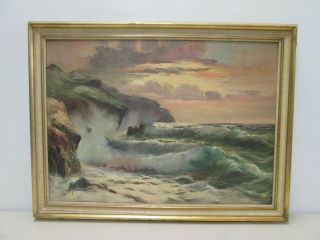 Large Signed Vintage 1950s Painting Oil On Canvas Ocean Framed Mourkin? Painting