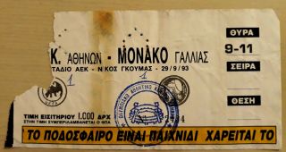 Ticket Aek Fc - As Monaco 1993 C.  L.