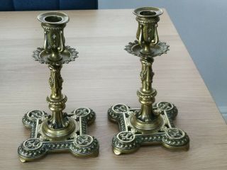Rare Unusual Antique Brass Candlesticks,  Gothic,  Medieval