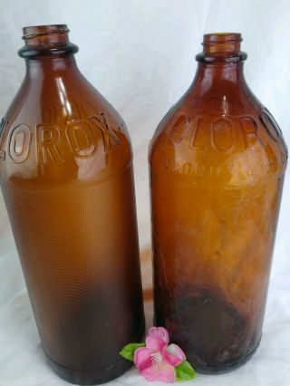 Vintage Brown Glass Bottle Clorox 32 Oz Set Of 2 Slightly Different