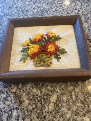 Vintage Framed Crewel Flowers In A Basket