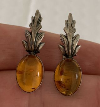 Solid Silver Vintage Natural Amber Drop Earrings,  925