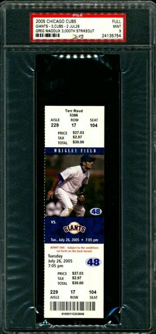 Psa 9 2005 Full Ticket Greg Maddux 3000th Strikeout Cubs Braves 355 Career Wins