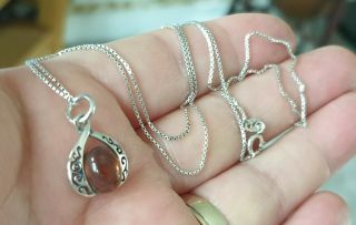 Old Vintage Signed A.  D Jewellery Inset Amber Sterling Silver Dropper Necklace