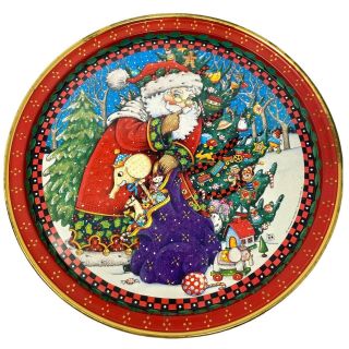 Vintage 1992 Mary Engelbreit Tin Metal Tray Santa Claus Snow Tree Toys Hallmark