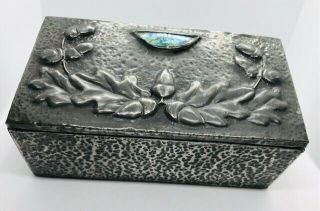 Antique Arts And Crafts Hammered Pewter Box With Abalone Shell And Acorn Detail