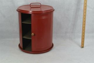 Antique Kitchen Pie Safe Bread Box Tin Red Shelves Round Slide Door Real 1920