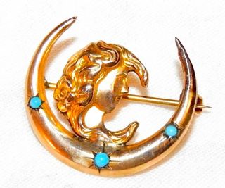 Antique Pin Gold Art Nouveau Woman In Moon With Turquoise
