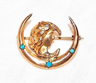 Antique Pin Gold Art Nouveau Woman in Moon with Turquoise 2