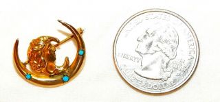 Antique Pin Gold Art Nouveau Woman in Moon with Turquoise 3