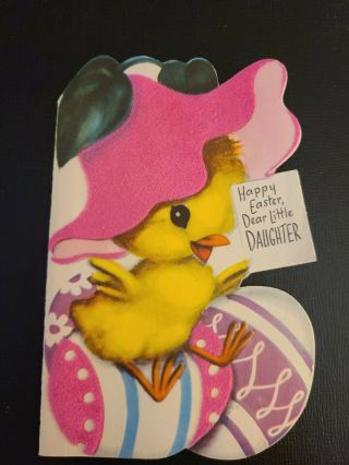 Vtg Rust Craft Easter Greeting Card Diecut Flock Pink Flower Hat Chick Eggs 50s