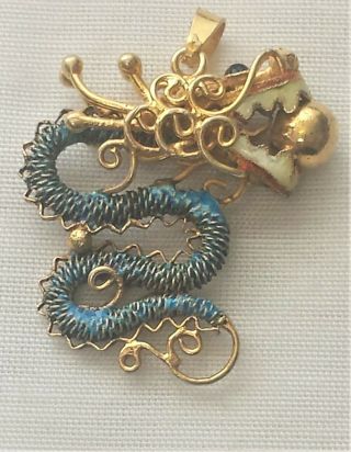 Antique Vintage Chinese Dragon Pendant Gold Gilt Silver Enamel Blue Pearl Bead