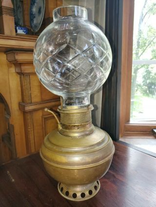 Rare 1886 Antique 15 " Rochester Brass Oil Kerosene Lamp Cut Crystal Shade Signed