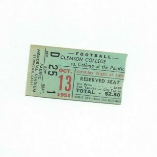 10/13/51 Clemson Vs.  College Of The Pacific Football Ticket Stub