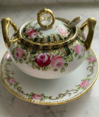 Antique Nippon Maple Leaf Porcelain Hand Painted Sugar Bowl W/ladle Floral/gold