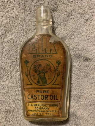 Vintage/antique " Elk " Brand Castor Oil Paper Label Bottle,  Jellico,  Tenn.  Rare