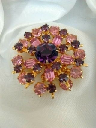 Vintage Amethyst & Pink Glass Rivet Back Gold Tone Flower Burst Brooch Pin