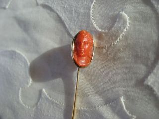 Antique Victorian 14k Yellow Gold Carved Coral Cameo Stick Pin