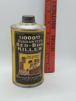 Antique $1000 Bed Bug Killer Tin Litho Poison Can Vintage Maid Spraying Graphic