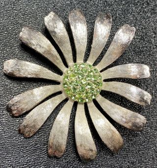 Vintage Brooch Pin Large 3” Silver Tone Flower Peridot Crystal Rhinestones Lot2