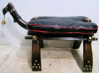 Vintage Antique Camel Saddle Wood Stool Black Red Leather Seat