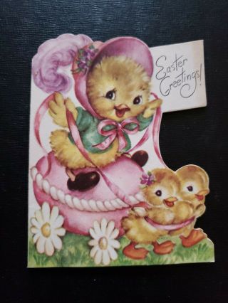 Vtg Rust Craft Easter Greeting Card Anthropomorphic Ducks Purple Hat Egg 1940s