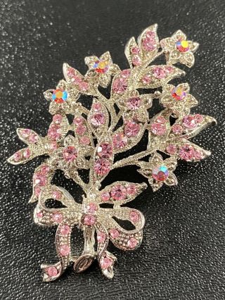 Vintage Brooch Pin Large 3” Pot Metal Flower Pink Crystal Rhinestones Lot6
