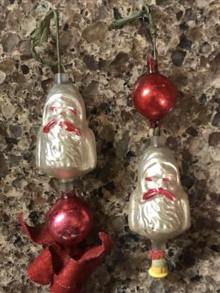 2 Antique German Glass Ornament Double Sided Santa Feather Christmas Tree Vtg