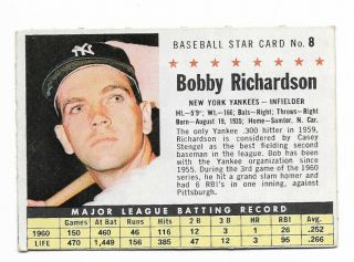 Vintage 1961 Post Cereal Baseball Card York Yankees 8 Bobby Richardson