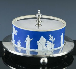 V.  Fine 19thc Antique Wedgwood Blue & White Jasperware & Silver Plate Butter Dish