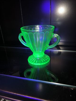 Vintage Depression Glass Green Vaseline Uranium Open Sugar Bowl Paneled Design