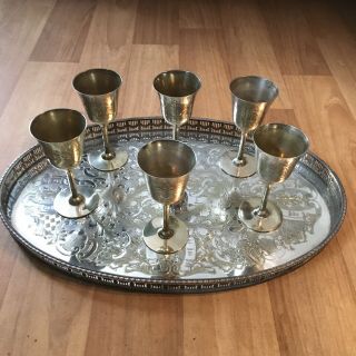 Lovely Vintage Silver Oval Serving Tray & Set Of 6 Goblets (silver Plate)