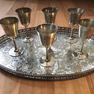 Lovely Vintage Silver oval serving tray & set of 6 goblets (silver plate) 2