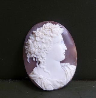 Antique Delicately Carved Large Cameo A Lady With Flowers In Her Hair