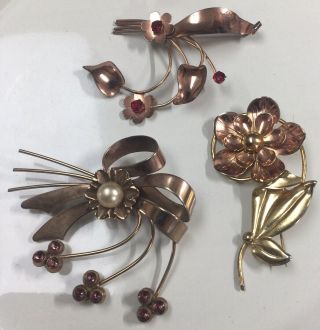 Vintage Set Of 3 Brooches Copper And Sterling