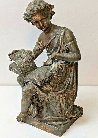 Antique French Bronzed Spelter Girl Reading Book Statue Sculpture Clock Topper