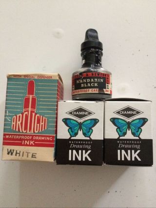 Vintage Arclight White Waterproof Drawing Ink & 2 X Diamine All Boxed