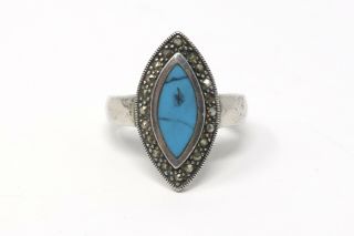 An Art Deco Style Vintage Sterling Silver 925 Turquoise Marcasite Statement Ring